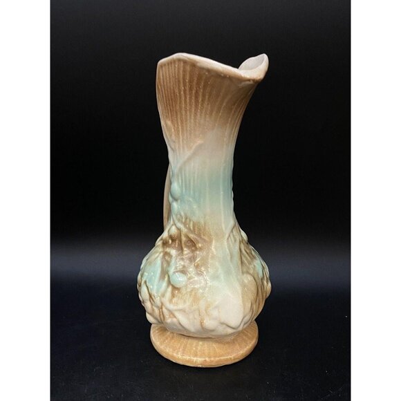 McCoy Pottery Footed Pitcher Vase Aqua Blue Brown Leaves Grape Vine Vintage - Picture 2 of 9